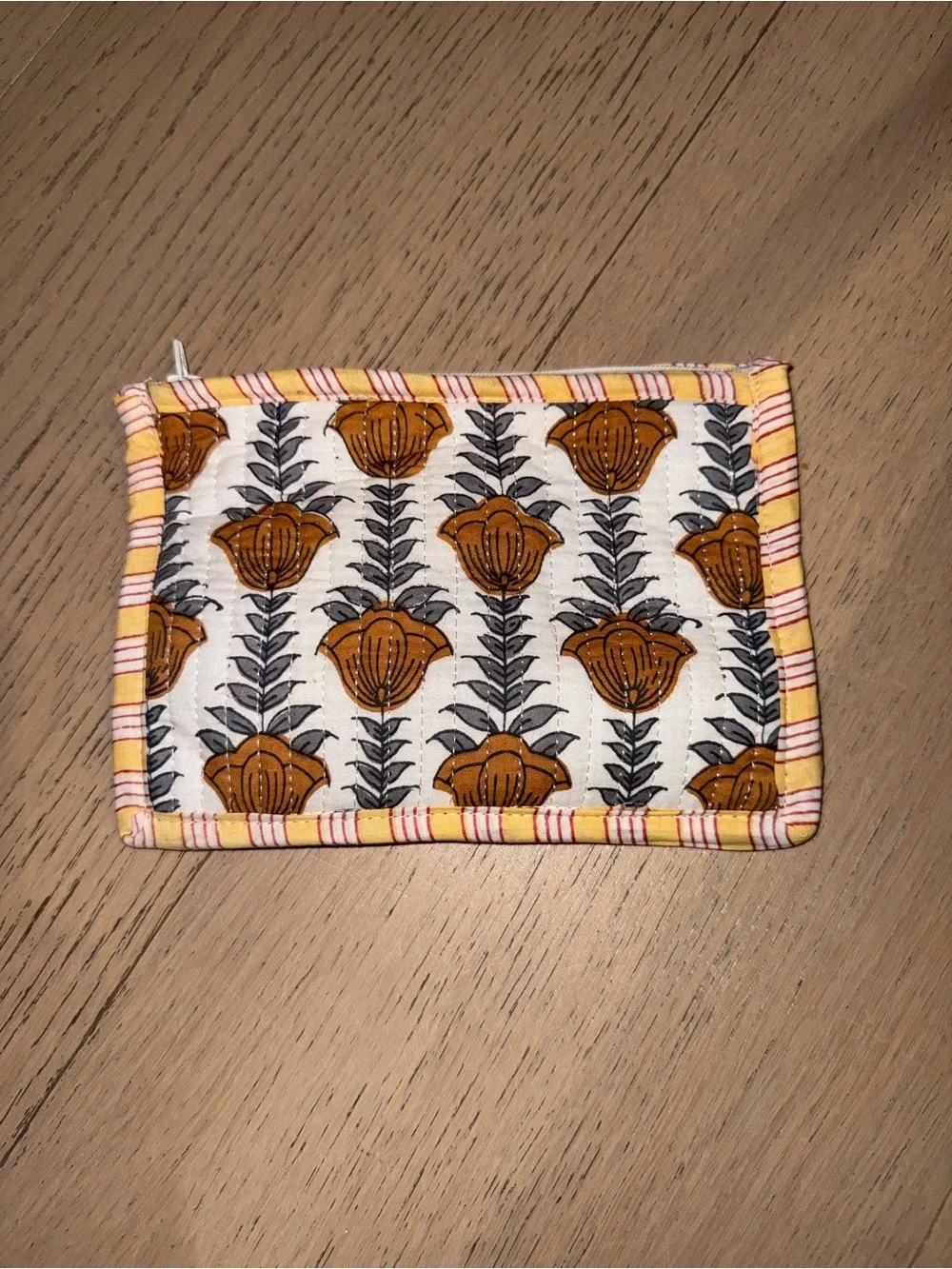 New & Handmade - Quilted Floral Card Wallet in Mustard Yellow and White Pouch